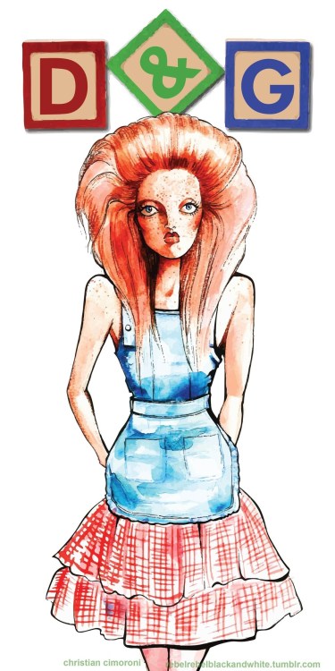 &ldquo;Child&rsquo;s Play&quot; overall dress by Dolce and Gabbana. Watercolor illustration by Chris