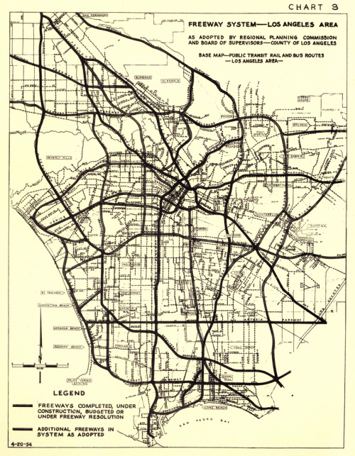 Map of proposed Los Angeles Freeway system, 1955. The 170 extension through Laurel Canyon and the ex