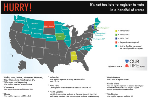 ourtimeorg: Please RE-BLOG this image and remind 5 friends that you can still register to vote in 19