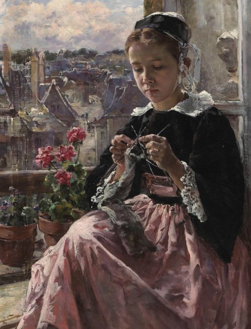 catonhottinroof:  Marie Aimee Lucas-Robiquet     A young Breton girl knitting by a window 