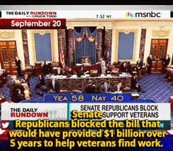 danthemedicman:  underthemountainbunker:  VETERANS DAY.  Veterans vs. the Republican Party. “40 Republicans senators thought it would be wrong to spend ũ billion on a bill to reintegrate veterans into the domestic workforce, partly because of the