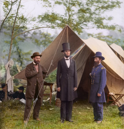 timelightbox:  1862. Allan Pinkerton, President Lincoln, and Maj. Gen. John A. McClernand at Antietam. (Photo: Photo colorization by Sanna Dullaway for TIME / Original image by Alexander Gardner / Library of Congress) For this week’s issue of TIME,