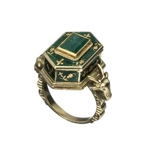 cleolinda:  (via Estate Jewelry: The Horror | The Hairpin) “This fantastic Victorian “poison ring” is 18k gold, with a central casket flanked by two ram’s heads (an occult symbol all their own). The casket, which is enameled in green and set with