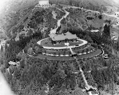 Aerial view of the Japanese-style Bernheimer Estate in the Hollywood Hills above Franklin Avenue, ci