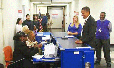 gifhound:  LOL. FTW. President Obama made history today, becoming the first sitting president to cast an early ballot. This election official, and her perfect sense of humor, also made history by checking his ID. [Source: NBC] 