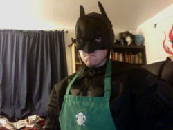 scarecrowartist:  So I found out that I have work in the morning on Halloween.Decided the only way this will work is if I become the Batrista.The Dark Roast Knight.Serving up a piping hot cup…. OF JUSTICE.  