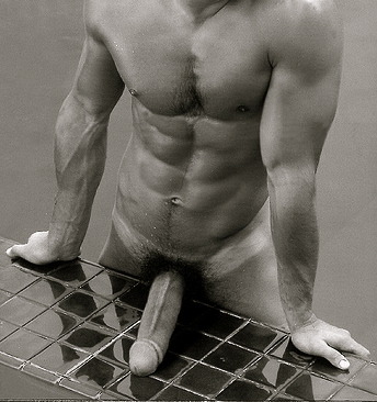 Big dick on counter tile. Muscular lad.