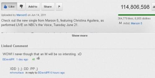 First Time I’m Top Comment on Youtube, on the Maroon 5 - Moves Like Jagger Lyrics Video *-*