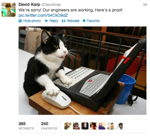 theimpalaismyhome:theimpalaismyhome:Favorite David Karp tweets from the 10/26/2012 Tumblr blackoutwh