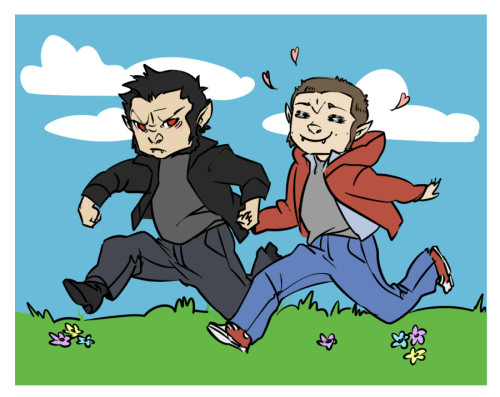 kaciart:hereinlimbo answered: werefox!Stiles and werewolf!Derek frolicking…. ;)Quality art