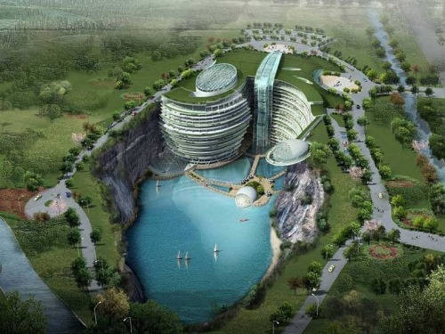 The Songjiang Hotel will be a five-star resort hotel set within a beautiful water-filled quarry clos