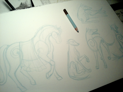 Epona with the cwn annwn, underdrawings for a series of small gouache paintings that will eventually