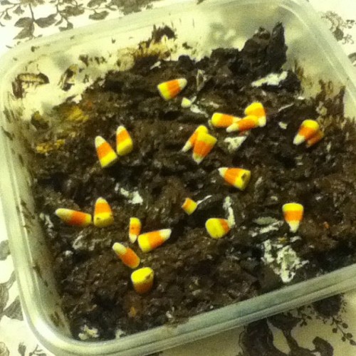 I made Halloween dirt for Samantha which included pudding, Oreos, Reese’s and candy corn & we’re ordering a pizza box. #fatgirls #fuckdastorm #dessert #dirt #lookslikenoniggasforme