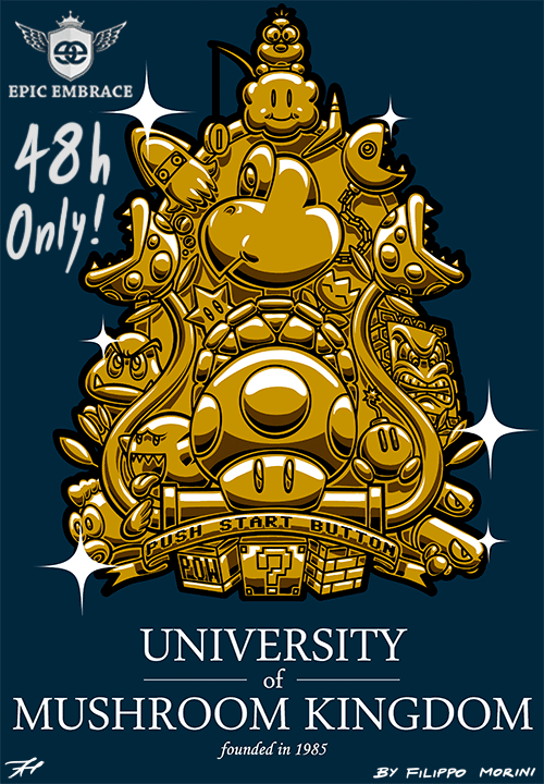 thenintendard:  filippomorini submitted: Where do you think Mario got his medical degree? Ever wondered where Luigi learned to capture ghosts? At the University of Mushroom Kingdom, of course! T-shirt design by Filippo Morini, available at Epic Embrace