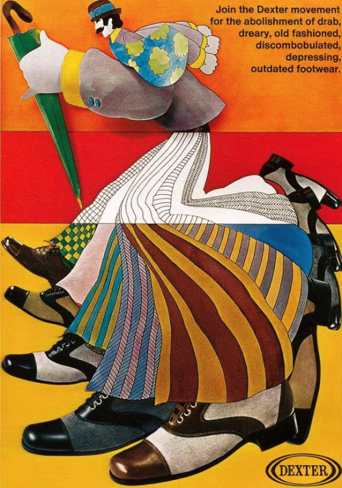 sweetjanespopboutique:
“  Dexter Shoes Advert (1971) Illustration by Joe Veno.
”