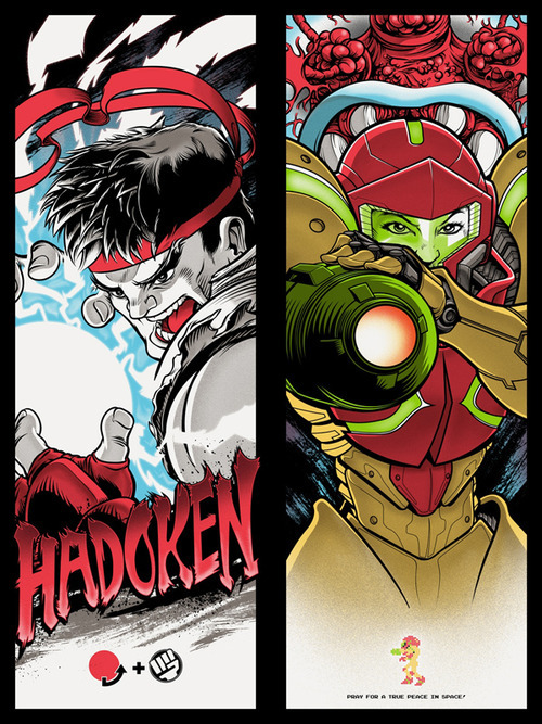 it8bit:  “Ryu” & “Samus” Created and submitted by Joshua Budich 9”x24”, 6-color screenprints currently on display at G1988’s Old School Video Games Show. Prints are available at the Gallery 1988 Store.