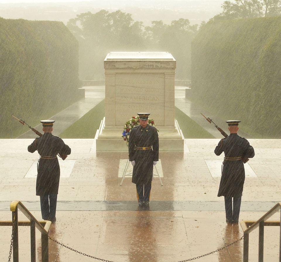 Sentinels still stand guard outside the Tomb of the Unknowns in Washington, D.C.
Update: this photo was actually taken in September 2012, for photos of Sentinels during Hurricane Sandy, go here.