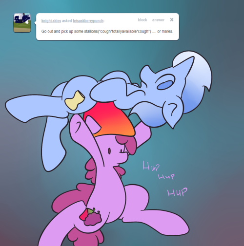 letsaskberrypunch:  Colgate: “Berry, you can put me down now, you know.”Berry: “But I’ve got to pick up mares! I’ve also got to learn how to draw you!”   …I am QUITE amused by this. X3