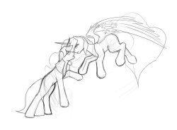 jykinturah-art:  I have absolutely NO CLUE what this is about, nor why the anatomy is so wonky. Choose your own story? xD Twilight Sparkle and Princess Celestia.  Please finish this, it is gorgeous ;w;