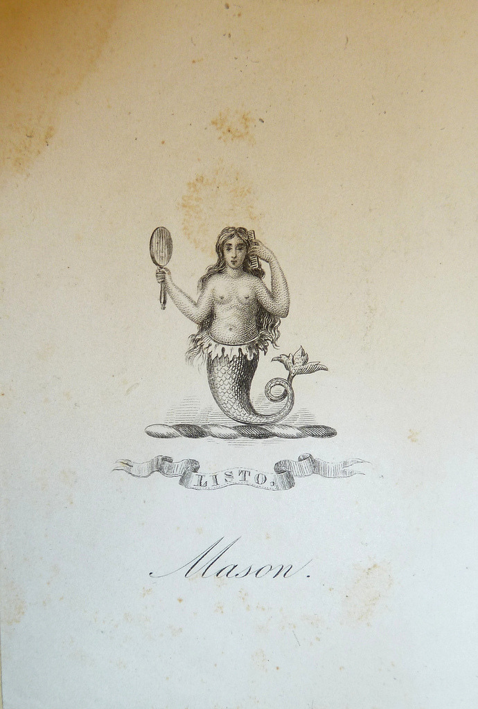 sailorgil:  Bookplate — Mermaid With Comb and Mirror, Engraving, Probably 19th