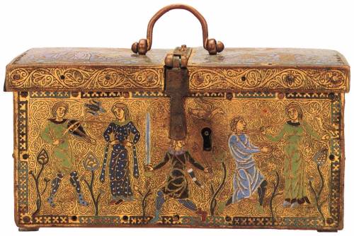 hismarmorealcalm:Casket with Scenes of Courtly Love c. 1180Champlevé enamel British Museum