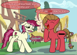 askpun:  I decided to get into my ASCII pony costume early because I’ve got to head to Canterlot tonight for business. No treats for me, but I at least bumped into Roseluck! At least I wasn’t the only one in costume… or so I thought! If you’d