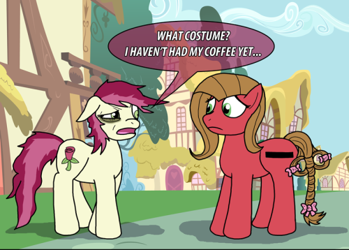 askpun:  I decided to get into my ASCII pony costume early because I’ve got to head to Canterlot tonight for business. No treats for me, but I at least bumped into Roseluck! At least I wasn’t the only one in costume… or so I thought! If you’d