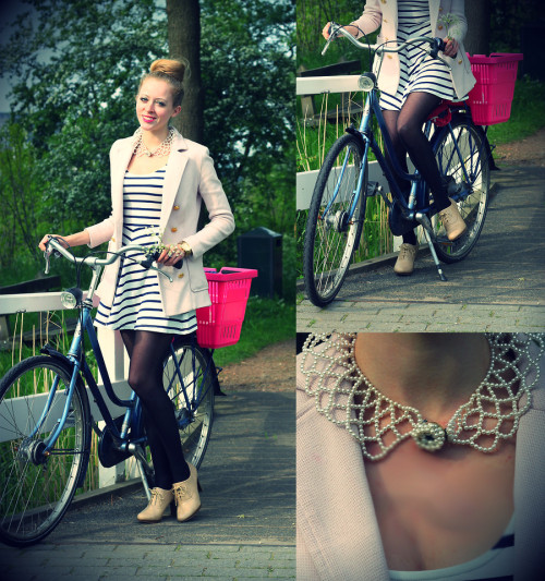 delightfulcycles: (via Vintage Pearl Collar, H&M Pale Pink Blazer, H&M Striped Dress, Nude O