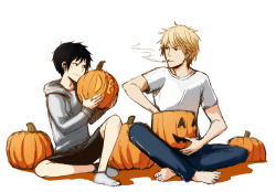 izanyanorihara:  4nu:  Quick picture for Halloween. I don’t think that’s how you’re supposed to carve pumpkins but you know.  I love you artist-tan ;w; 