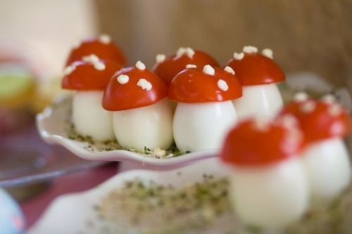 hard boiled quail egg, cherry tomato, mayonnaise 