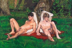 stillrowing7-posingforart:  George Towne, Roly and Chase: Outdoor Painting, 2011, oil on canvas, 16 x 20 inches See also this image previously blogged here.