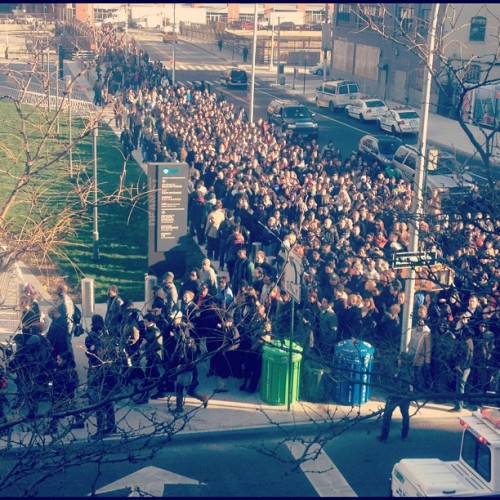 gawkercom:
“ Here’s a production still from the new Hunger Games movie. Kidding! Totally kidding: this is what the (second block of a six-block) line for one of the three Brooklyn - Manhattan shuttle buses looked like, as of about an hour ago. If...