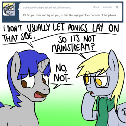 ask-hipsterderpy:  askpillowcase:  See, this is the thing. My underside is the most comfortable place apparently, but it’s so hard to convince ponies to get off once they’re there! Seriously! I’m gonna be here for hours now!  AHAHAHA. Yes~ This