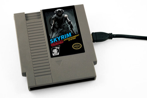 it8bit:  Limited Edition Skyrim NEStalgia Hard Drive  Is there a better looking way to store your data? Inside this retro cart there is a Toshiba 1.5 terabyte USB 3.0 hard drive. There are also 500GB, 750 GB, & 1 TB hard drive sizes available on