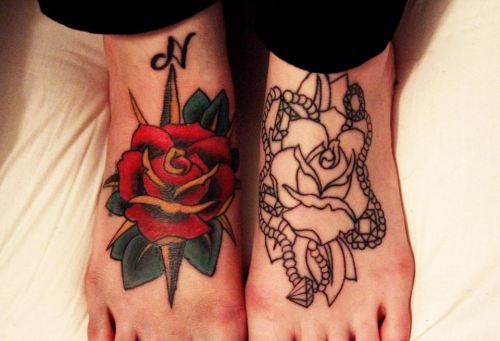 peachesandcream-: Third session on my feet, finished one rose. Tattoos by Joel Mathews