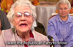 bending-sickle:  adelenedawner:  [A set of animated images of a very old white woman, apparently in a nursing home or similar facility, with other old white people in the background. Most of the images show her speaking to the camera, but one shows her
