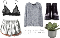 t-angy:  Untitled #25 by tangy-fashion featuring eberjey Rachel Comey crewneck sweater / Clover Canyon leather short shorts / Eberjey / Givenchy high heels / Potted Butterfly Succulent  