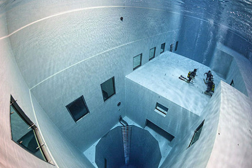 antisocialblogger:  Nemo 33 by John Beernaerts, 2004 The world’s deepest indoor swimming pool is located in Brussels, Belgium. Its maximum depth is 34.5 meters, 113 feet, and contains 2.5 million liters of non-chlorinated, highly filtered spring water