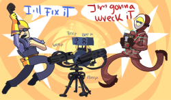 eleckles:  blu—scout:  scoutacris:  wreck it spy and fix it engie spy wrecking my sentry  i said this earlier omg  