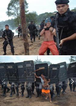 witchlingfumbles:  syristones:  blackspider:  yugendreams:  This is happening now. This image has to reach the rest of the world. The Kayapo being expelled from their homes for the construction of the Belo Monte Dam, which will flood 400.000 acres of