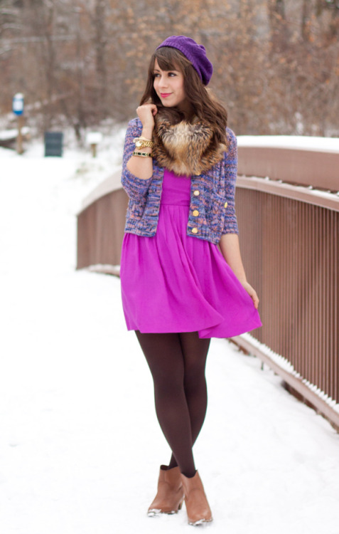 Brown opaque tights, bright fuschia dress and purple wool jacket