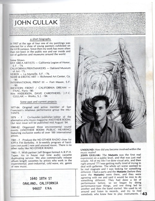 john gullak interview, unsound magazine, vol.1., no.5, 1984, 8 1/2 x 11 in.