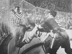 -hockey:  A ref jumps out of the way of Gordie Howe checking a Chicago Blackhawk into the boards. Mid 1950’s 