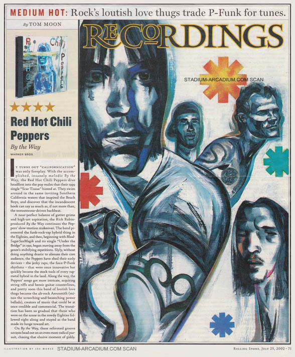 By The Way Album Review and Red Hot Chili Peppers Illustration.
Published in Rolling Stone Magazine on July 25th, 2002.
“The Red Hot Chili Peppers swim around in the same inviting Southern California waters that inspired the Beach Boys, and discover...