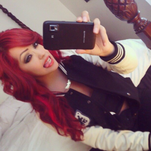 blacdahlia:I think I need a tan lol :p #redhair #pravana #lettermanjacket #makeup #mua #hair #eyelin