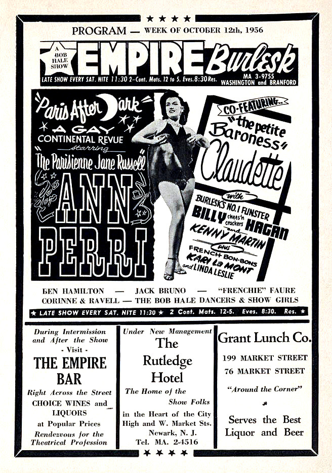 An October &lsquo;56 program ad for the ‘EMPIRE Burlesk Theatre’, featuring: