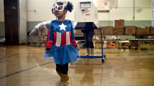 cosplayingchildren:   Raena Lamont, 3, wears a Captain America costume at a polling