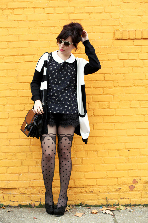 Black faux suspender tights with opaque polka dot pattern, black lace shorts and b&w shirt