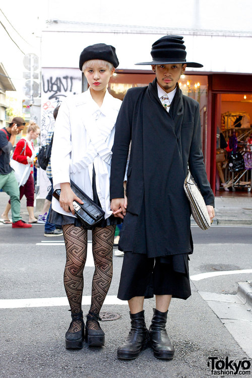 Super stylish couple Aran &amp; Hiromi - who we see often around Harajuku - wearing Julius, Avan Tra