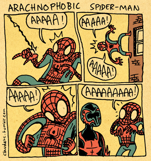 dorkly:  Arachnophobic Spider-Man To be fair, he might just be terrified of Spandex.